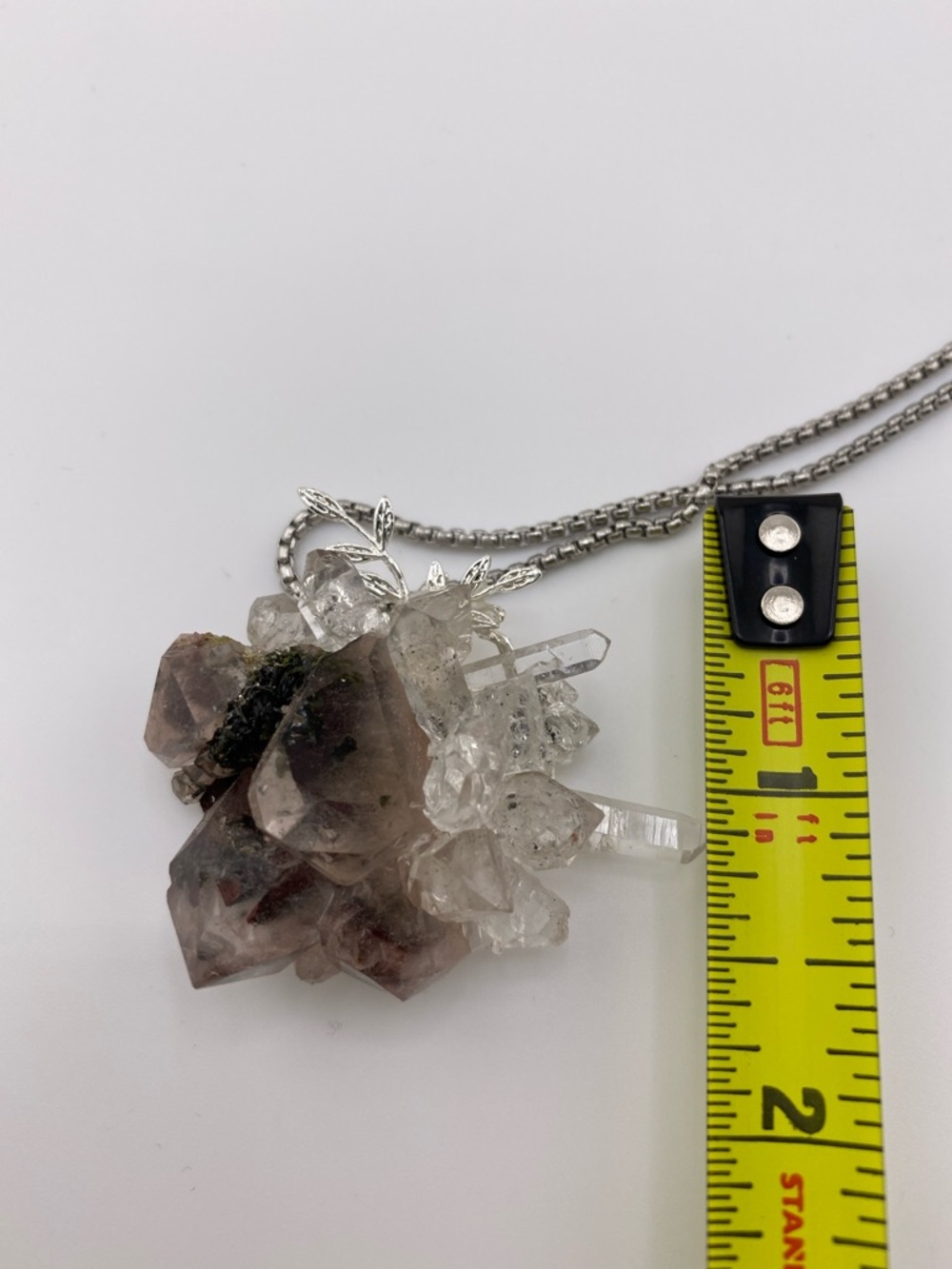 Super Seven Crystal Pendant with Herkimer Diamonds & Silver Alloy Leaf Accents - Picture 5 of 6